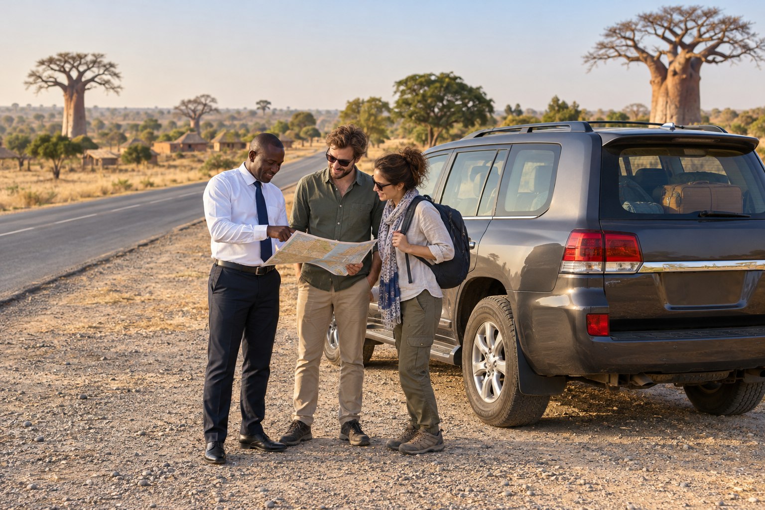 Chauffeur et voyageurs consultant une carte près d’un 4x4 et de baobabs