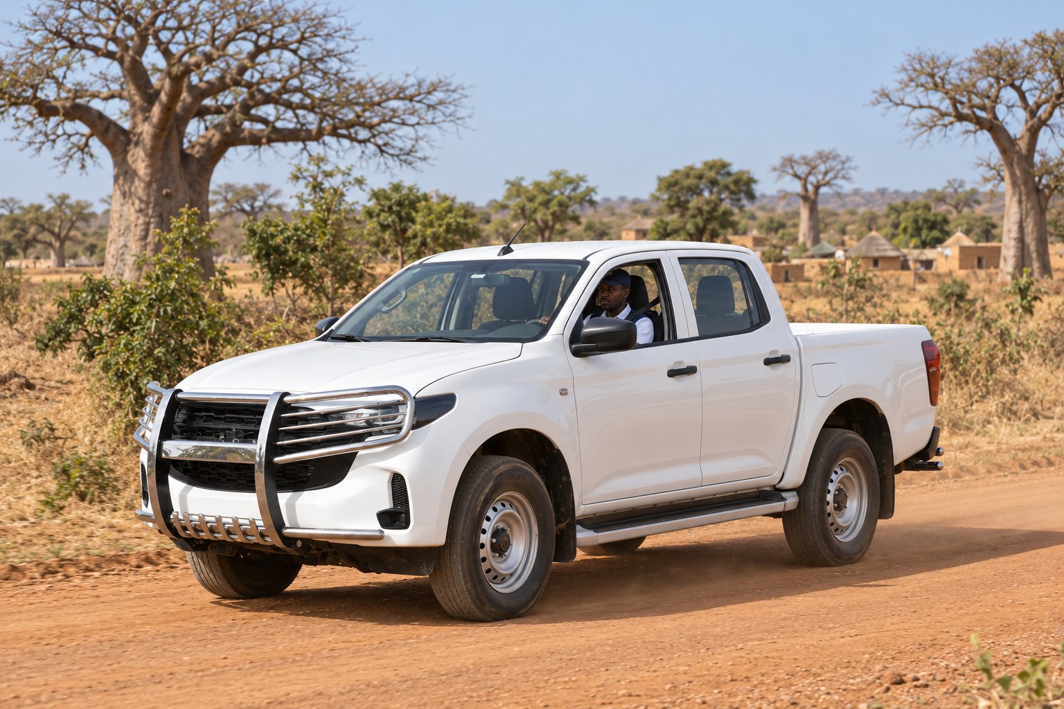 Pickup traveling on a rural road in Senegal