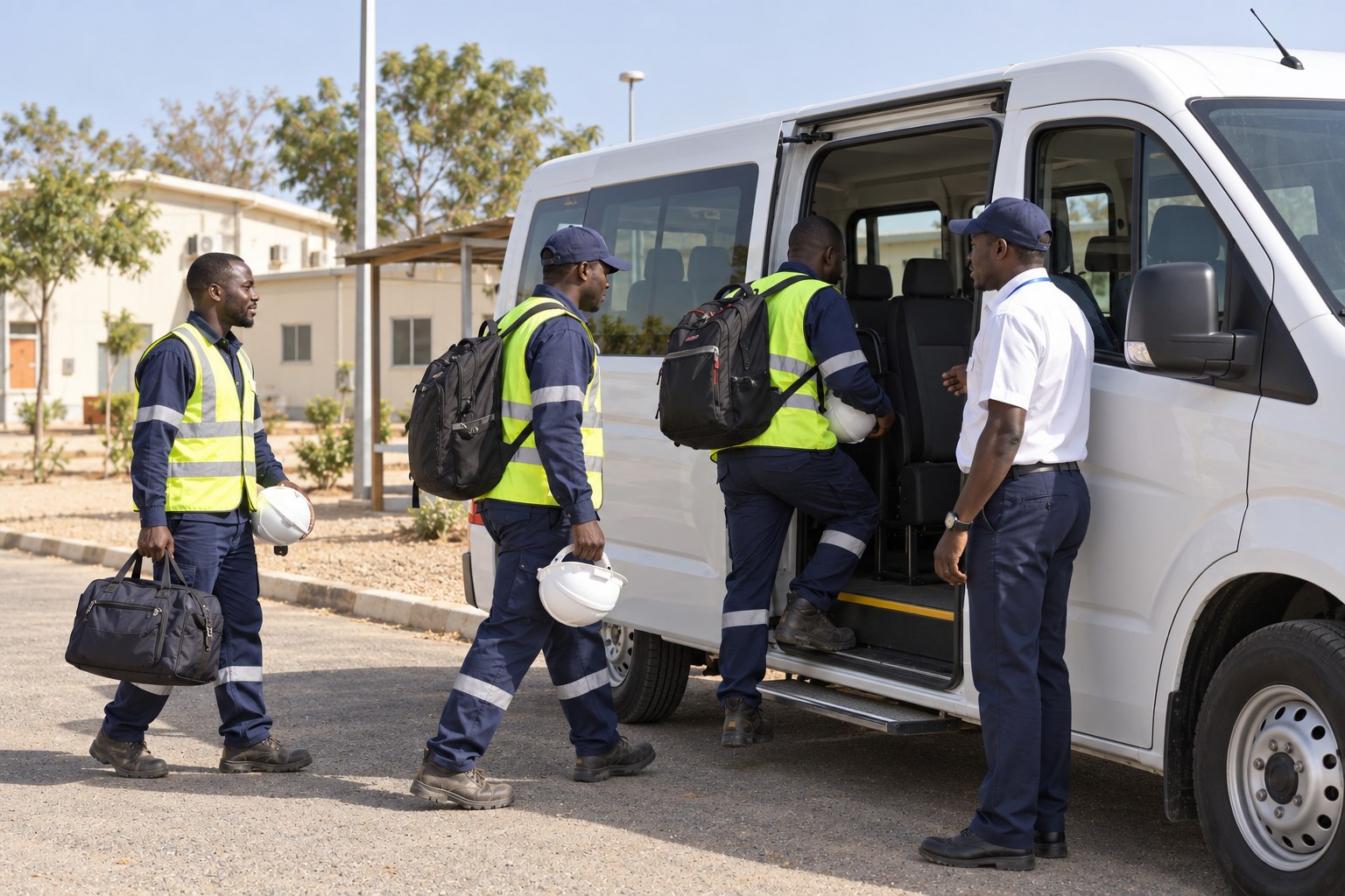 Technicians boarding a minibus for a staff rotation