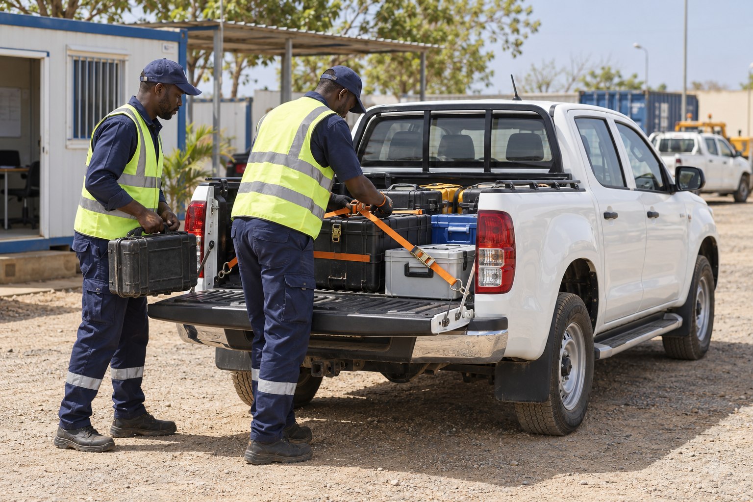 Technicians securing tool cases in a pickup bed