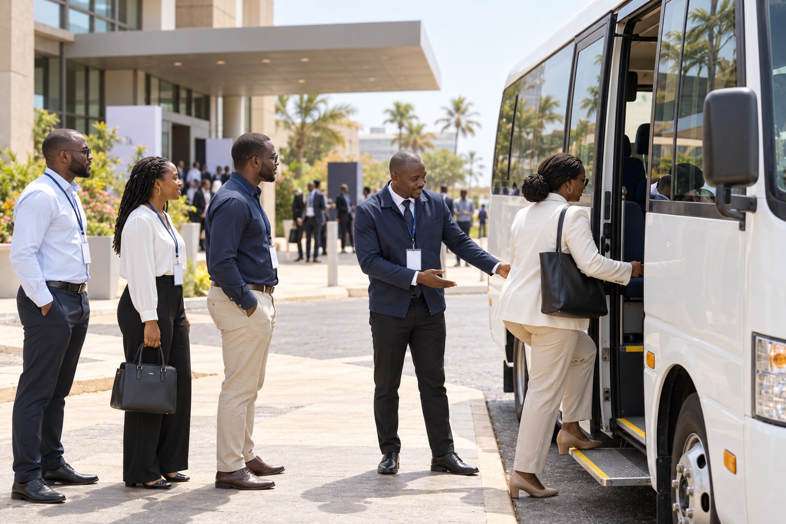 Conference participants boarding a shuttle